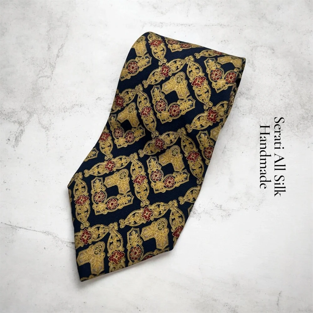 Serati Mens Silk Tie Navy Blue Gold Red Baroque Medallion Handmade Geometric 4in